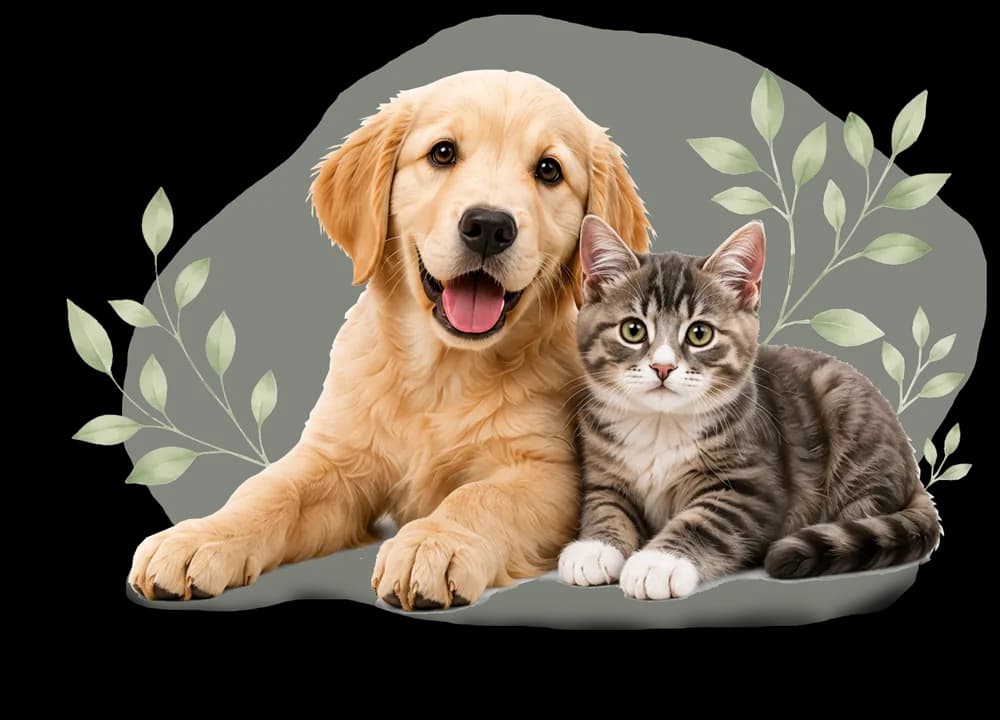 A happy golden retriever puppy sitting beside a gray tabby kitten
